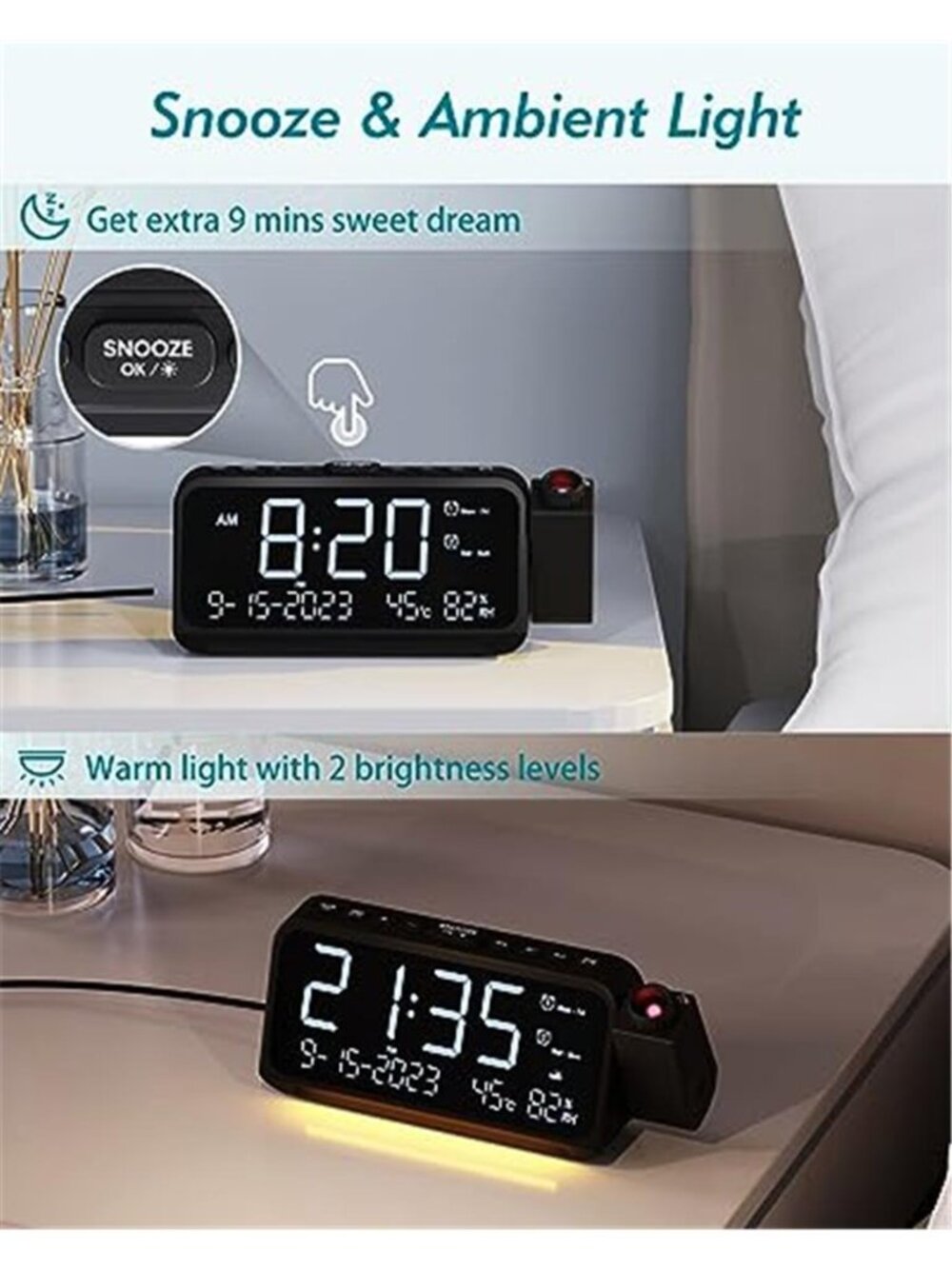 Projection Alarm Clock LED Digital Ceiling Display Temperature Humidity USB - Picture 6 of 6